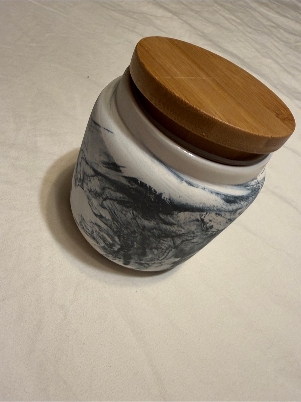 Cost Plus World Market Marble Ceramic Canister with Bamboo Lid - White & Gray